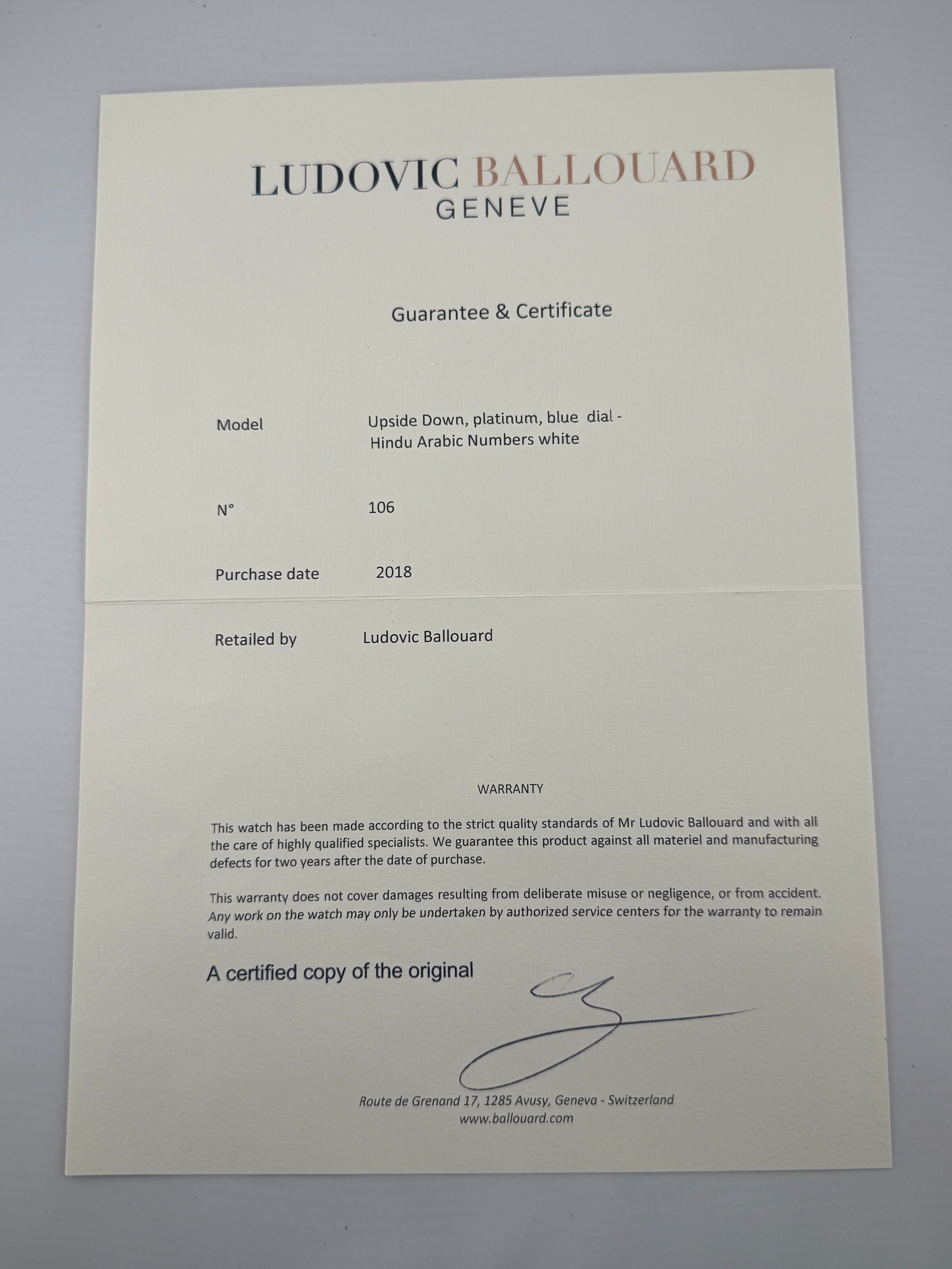 Ludovic Ballouard Platinum Upside down Hindu Arabic numerals Blue dial - Unique piece